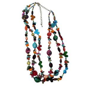 Triple Strand Necklace Multicolor Rainbow Plastic Gemstone Bead 16" Adjustable